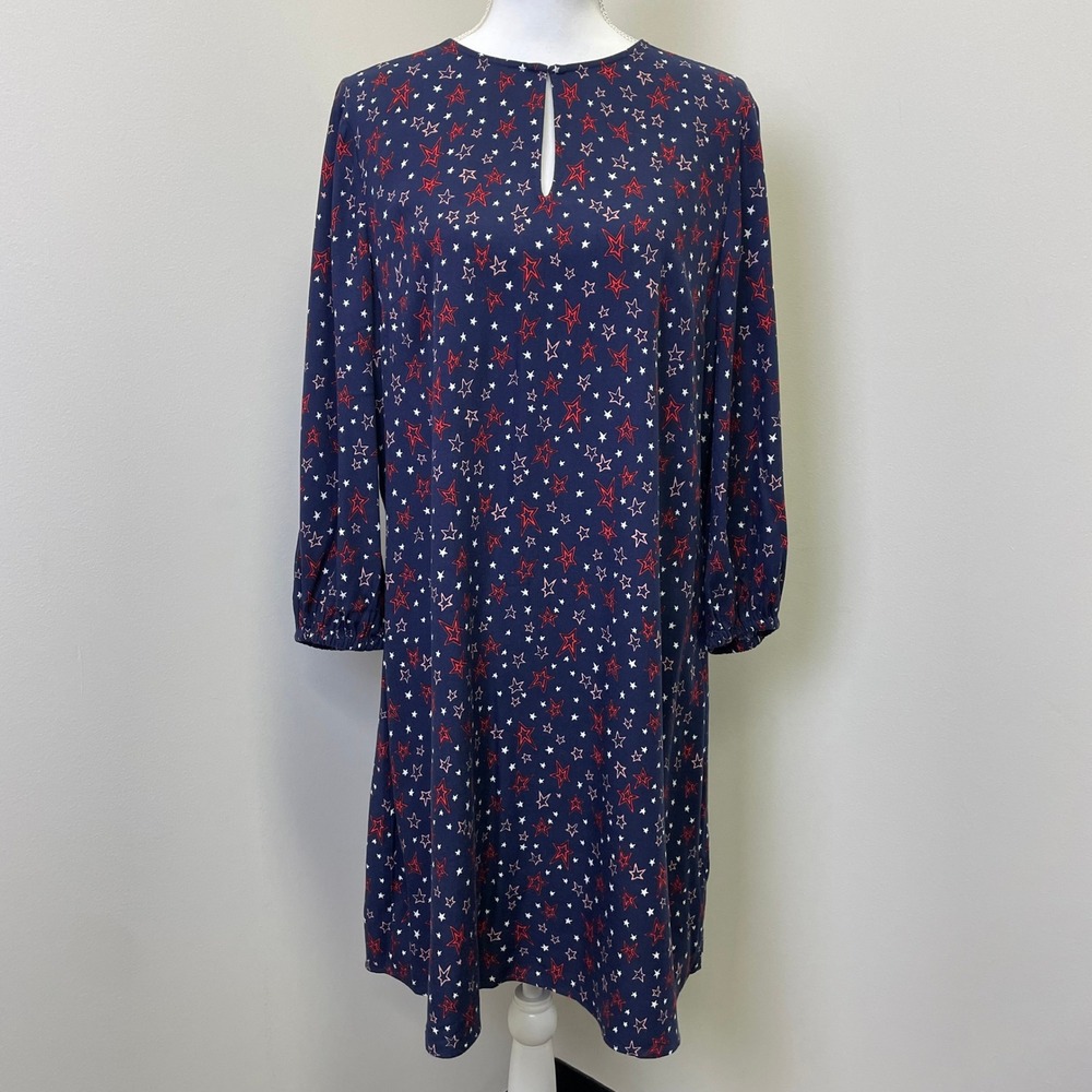 Boden Navy Blue Red White Star Print Keyhole Long Sleeve Shift Dress US 10R